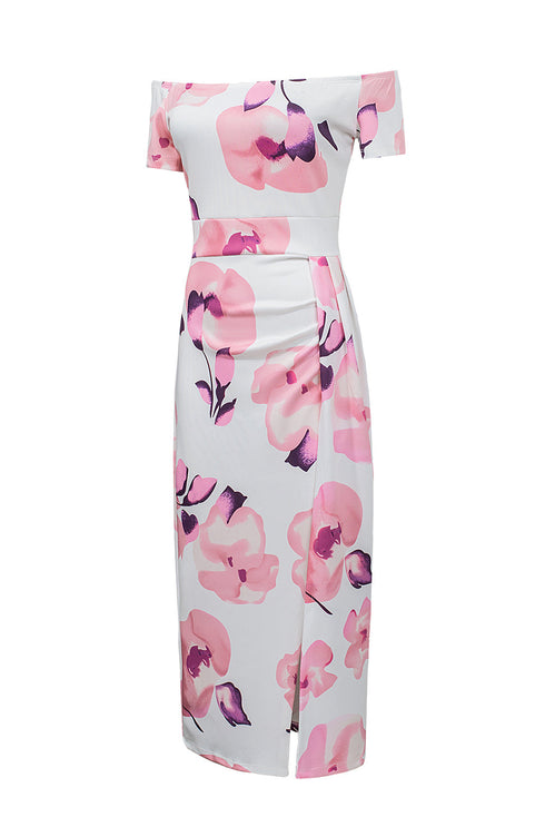 Print Off Shoulder Slit Bodycon Midi Dress